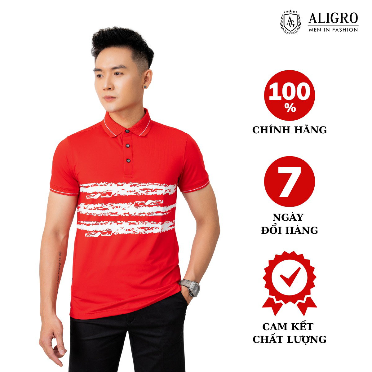áo Polo Nam Ngắn Tay Màu đỏ Kẻ Phối Ngang, Chất Vải Coolmax Cổ Bẻ Phối Bo Tay, Trẻ Trung, Năng động Algplo71 – Aligro