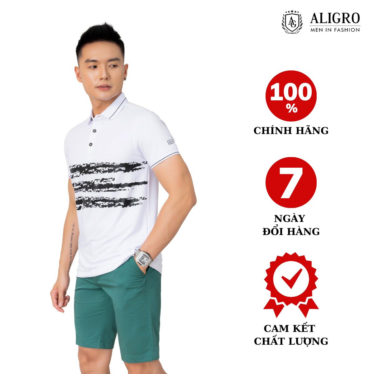 áo Polo Nam Ngắn Tay Trắng Kẻ Phối Ngang, Chất Vải Coolmax Cổ Bẻ Phối Bo Tay, Trẻ Trung, Năng động Algplo70 – Aligro