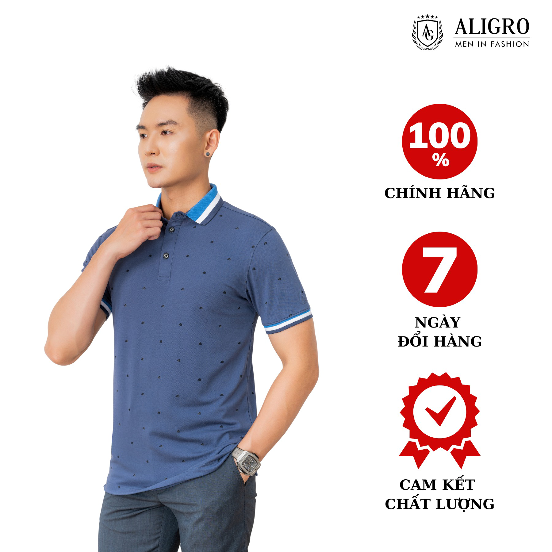 áo Polo Nam Ngắn Tay Aligro Chất Liệu Cotton Hoạ Tiết Bàn Là Bắt Mắt, Co Giãn 4 Chiều, Thấm Hút Tốt