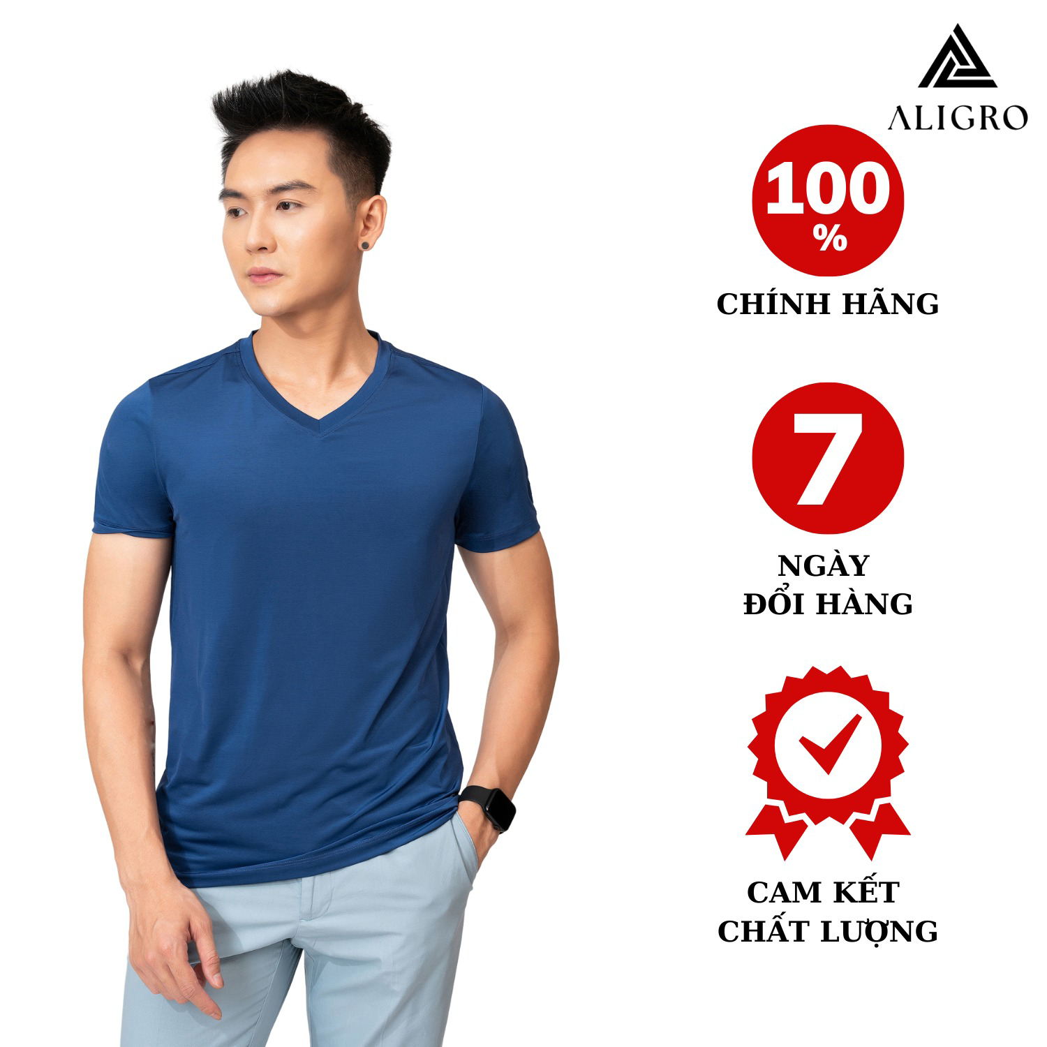 áo Thun Nam Cổ Tròn Màu Navy Kiểu Dáng Thể Thao Thấm Hút Tốt Co Giãn Thoải Mái Algapc054 – Aligro