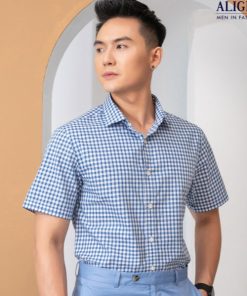 áo Sơ Mi Cộc Tay Kẻ Caro Xanh Navy Algs-c117 – Aligro