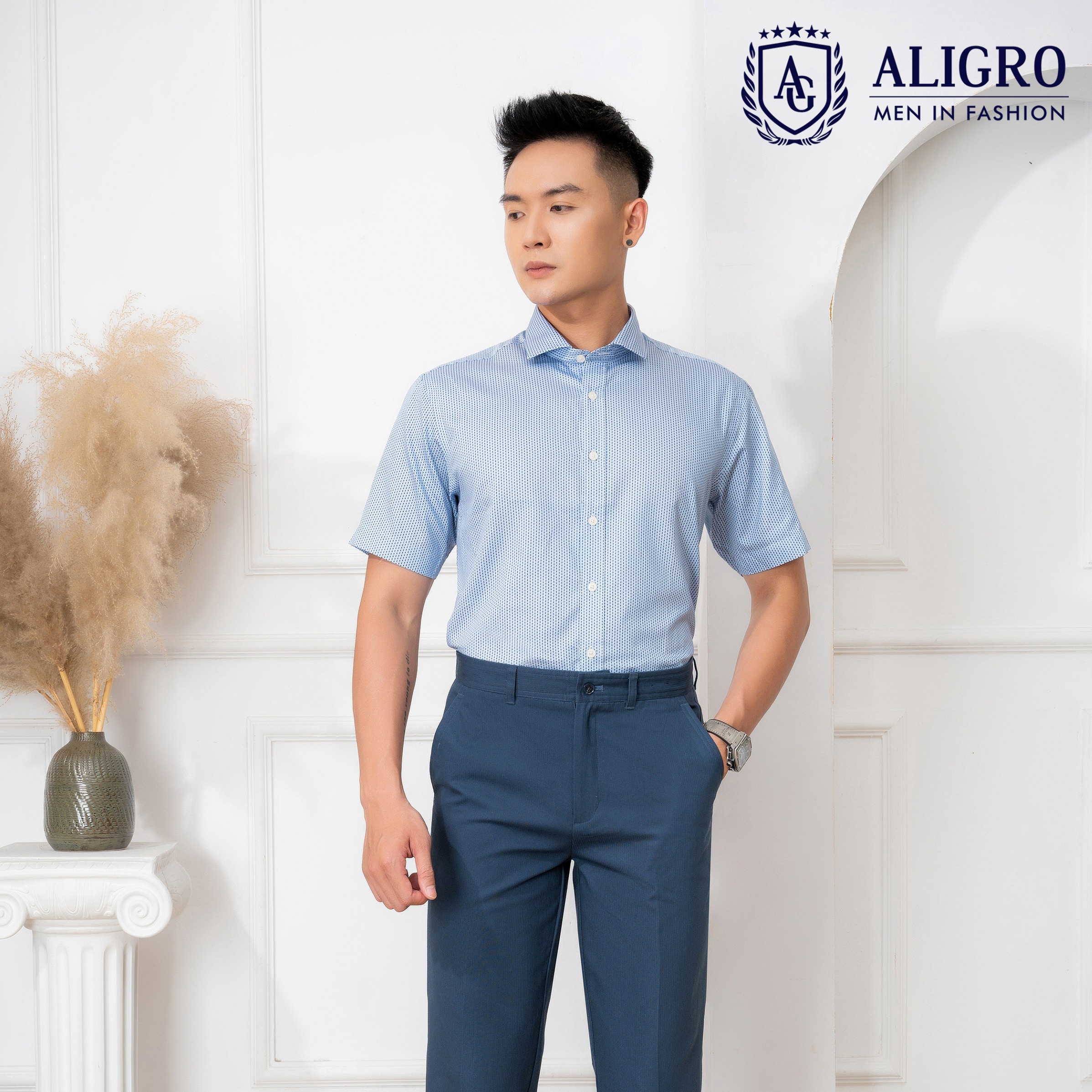 áo Sơ Mi Cộc Tay Xanh Chấm đen Algs-c85 – Aligro
