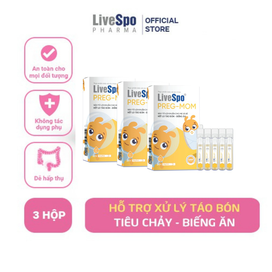 Combo 3: Hỗ Trợ Giảm Táo Bón, Rối Loạn Tiêu Hóa Livespo Preg-mom Hộp 20 ống – Livespo Pharma