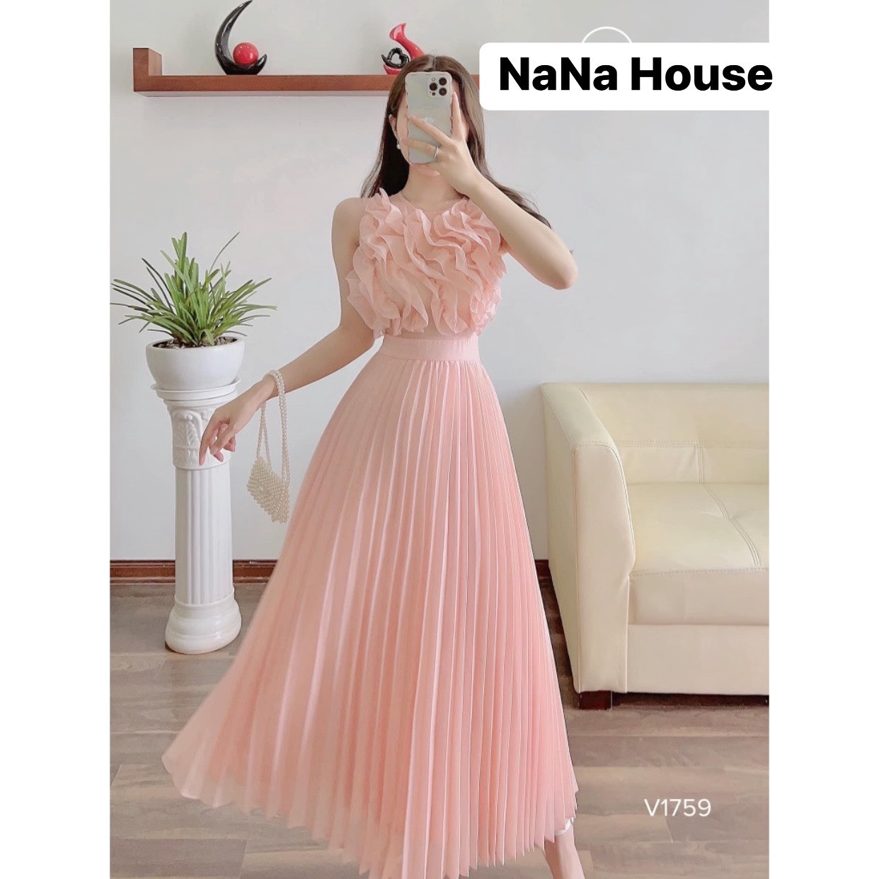 đầm Váy Nữ Maxi Xòe Dập Ly Bèo Phối Voan Chinfon (có Lót) Dd012 – Nana House