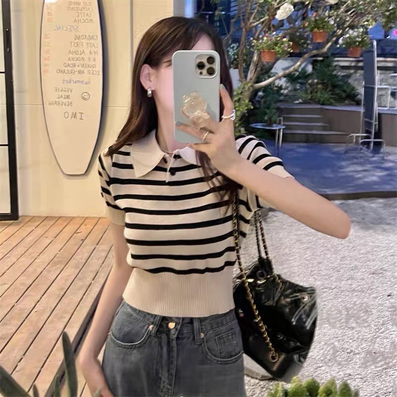 áo Len Cộc Tay Kẻ Ngang, Cổ Polo Bẻ Khối 2 Khuy Cúc Phong Cách Hàn Quốc Cực Xịn Sldca158 – Diepchi Fashion
