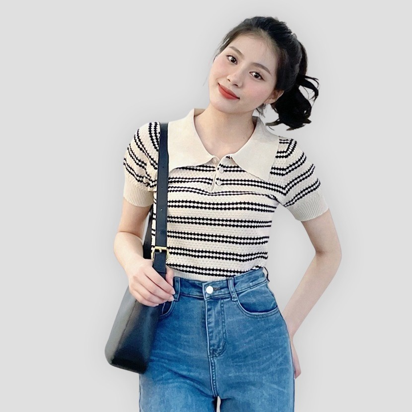 áo Montoghi Cổ Bẻ Họa Tiết Kẻ Ngang Nhiều Màu Sldca135- Diepchi Fashion