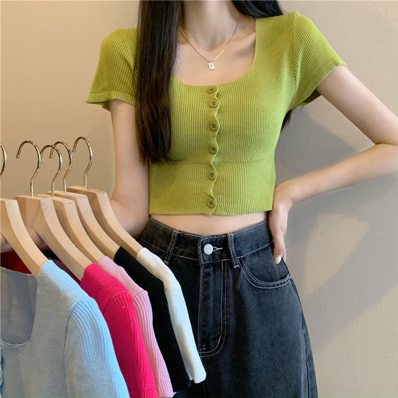 áo Len Croptop Cộc Tay Cổ Vuông Khuy Giữa Màu Sắc Cầu Vồng Sldca63- Diepchi Fashion