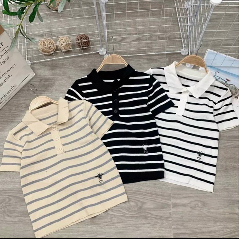 áo Polo Len Thêu Ong Họa Tiết Kẻ Ngang Thời Trang Sldca137 – Diepchi Fashion