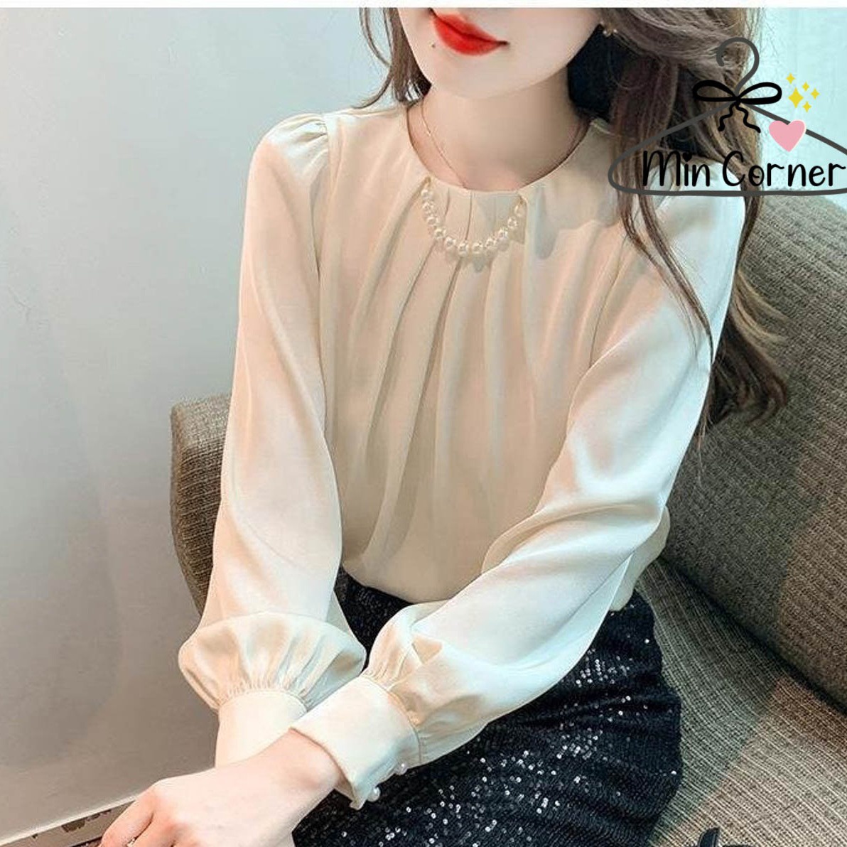 áo Nữ Cổ Tròn Phối Chuỗi Ngọc Tay Dài Ms67 – Min Corner