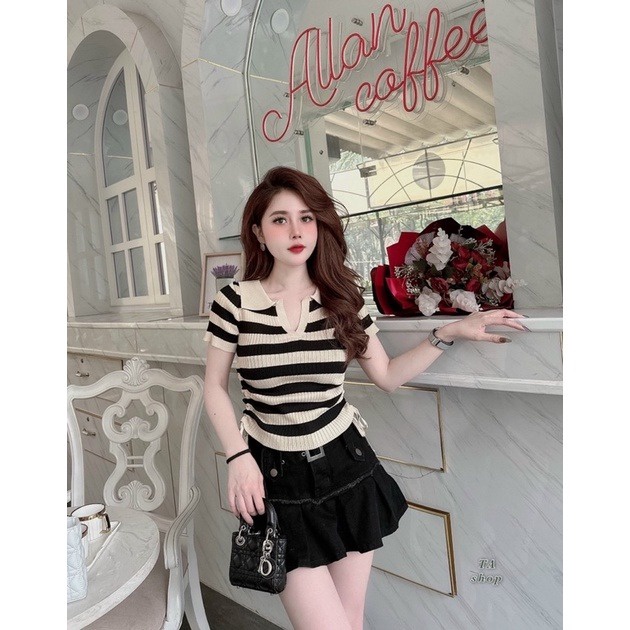 áo Len Polo Họa Tiết Kẻ Ngang Phối Dây Rút 2 Bên Siêu Xinh Sldca165 – Diepchi Fashion