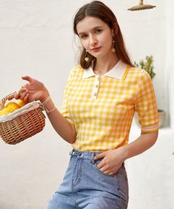 áo Len Cộc Tay Cổ Bẻ Họa Tiết Kẻ Caro Phối Khuy độc đáo Sldca168 – Diepchi Fashion