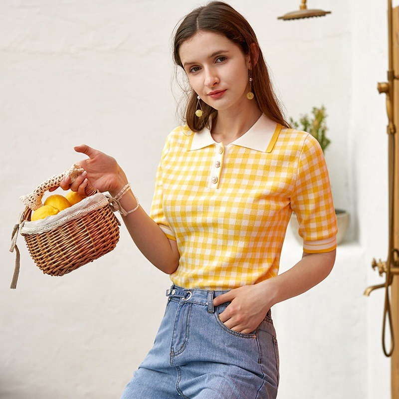 áo Len Cộc Tay Cổ Bẻ Họa Tiết Kẻ Caro Phối Khuy độc đáo Sldca168 – Diepchi Fashion