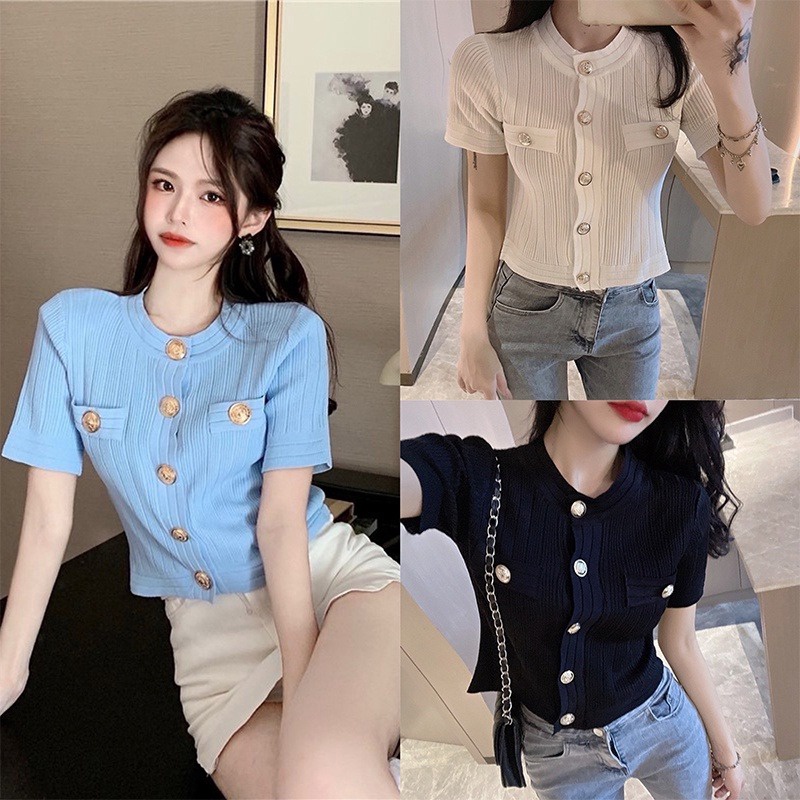 áo Len Cộc Tay Cổ Tròn Gân Nổi Khuy Vàng Màu Trơn Sldca180 – Diepchi Fashion