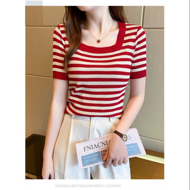 áo Len Montoghi Cổ Vuông Họa Tiết Kẻ Ngang Mẫu Mới Sldca181 – Diepchi Fashion