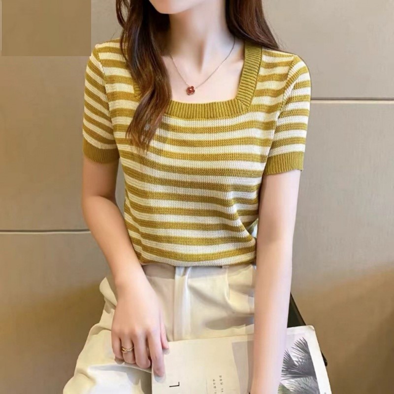 áo Len Montoghi Cổ Vuông Họa Tiết Kẻ Ngang Mẫu Mới Sldca181 – Diepchi Fashion