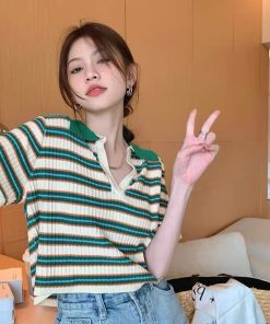 áo Len Tăm Cổ Bẻ Họa Tiết Kẻ Ngang Nhỏ Mẫu Mới Phong Cách Retro Sldca182 – Diepchi Fashion