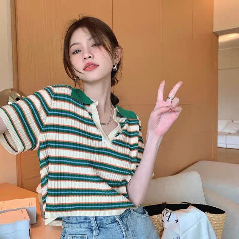 áo Len Tăm Cổ Bẻ Họa Tiết Kẻ Ngang Nhỏ Mẫu Mới Phong Cách Retro Sldca182 – Diepchi Fashion