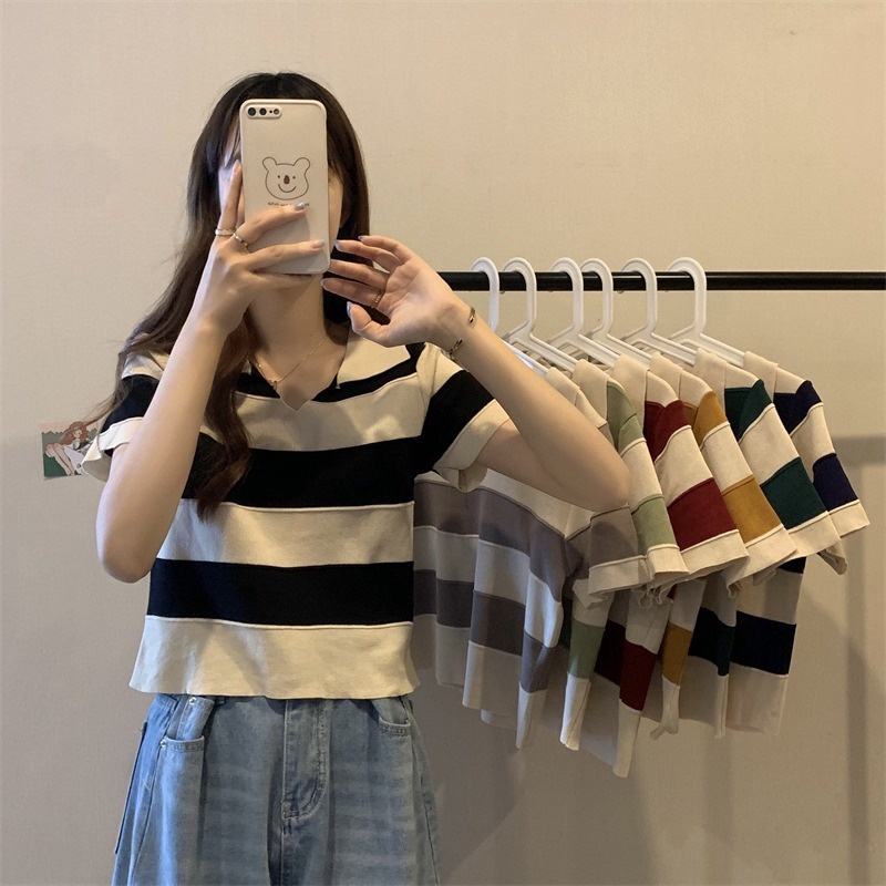 áo Len Dệt Kim Cổ Bẻ Kẻ Ngang To Nhiều Màu Sldca183 – Diepchi Fashion