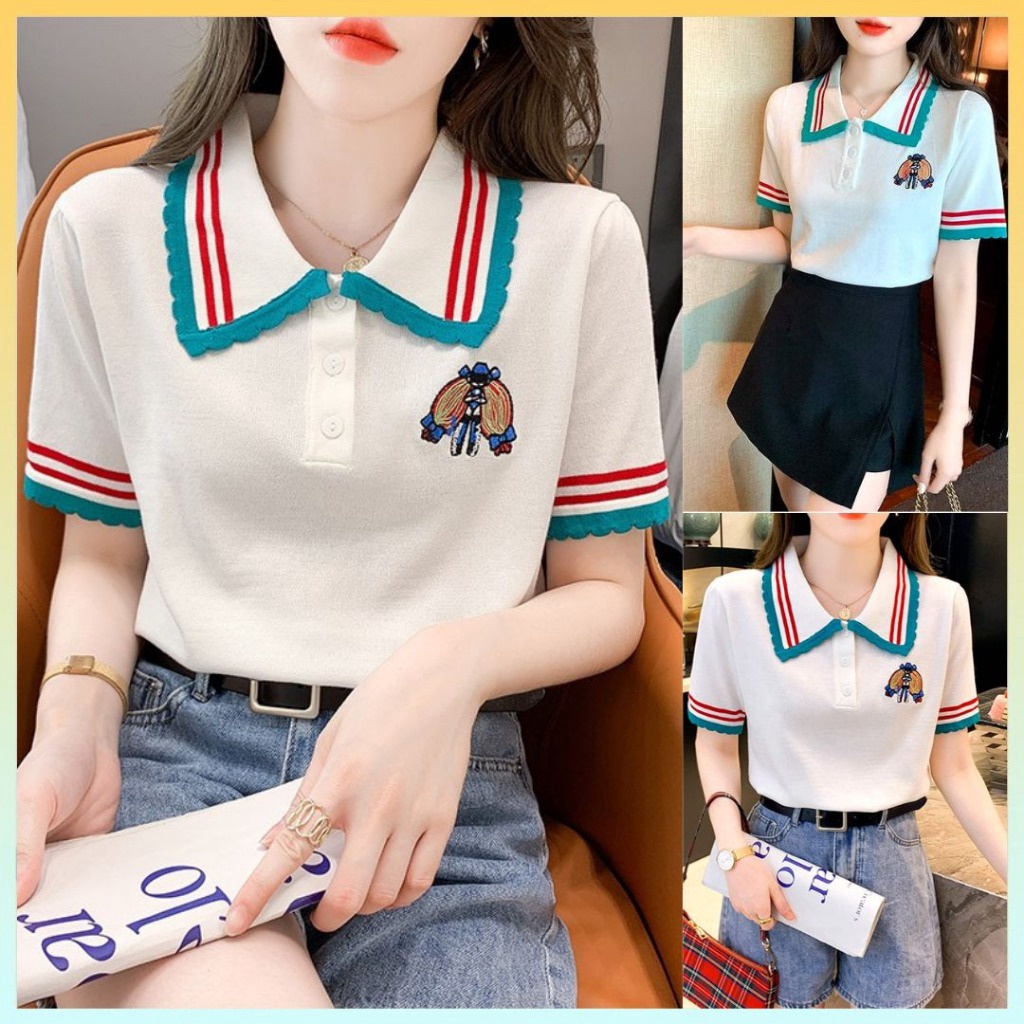 áo Len Ngắn Tay Viền Cổ Viền Tay Thêu Hình Cô Gái Sldca127 – Diepchi Fashion
