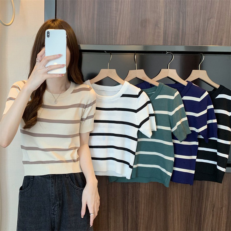 áo Len Croptop Ngắn Tay Họa Tiết Kẻ Sọc Màu Sắc Tương Phản Sldca184 – Diepchi Fashion