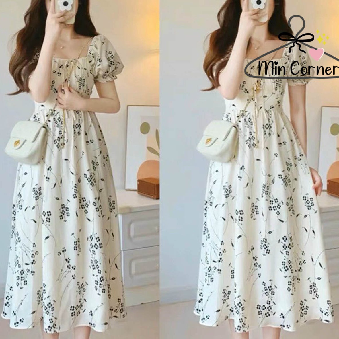 đầm Midi Lụa Hoa Tay Bồng Nhún Ngực Md122 – Min Corner