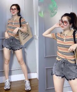 áo Len Polo Cộc Tay Khuy Giữa Họa Tiết Kẻ Ngang Bbr Sldca175 – Diepchi Fashion