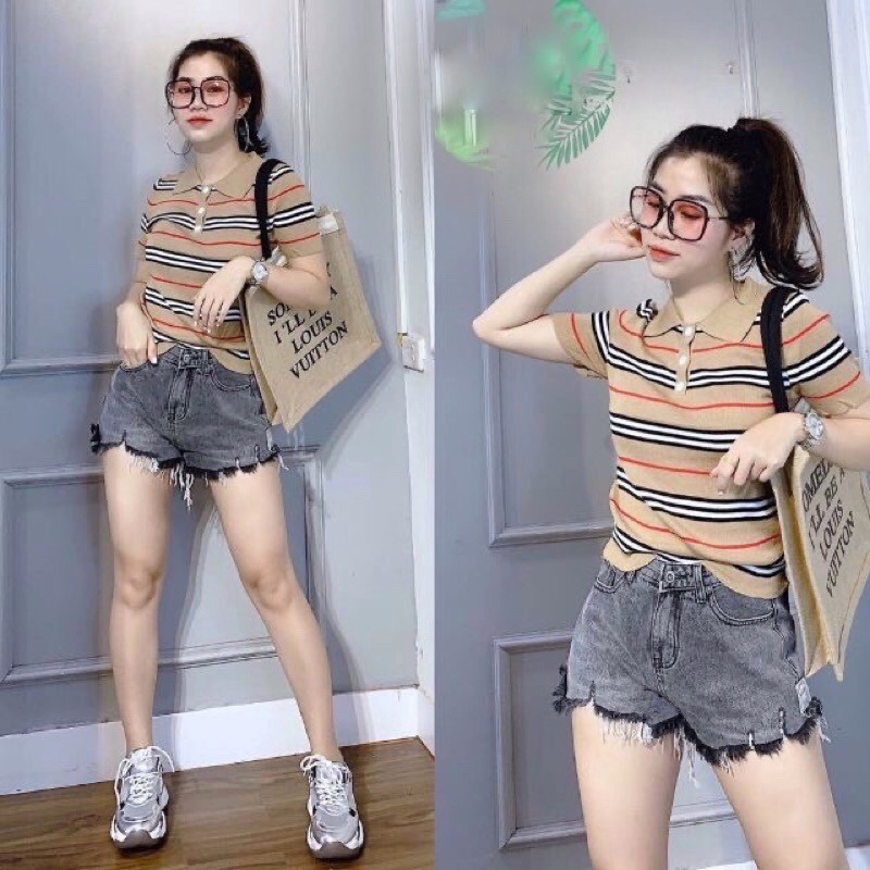 áo Len Polo Cộc Tay Khuy Giữa Họa Tiết Kẻ Ngang Bbr Sldca175 – Diepchi Fashion