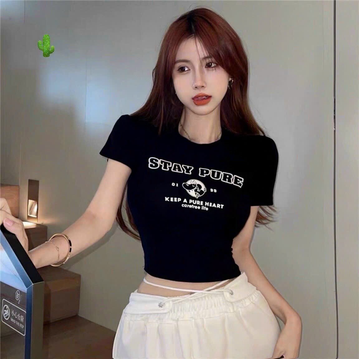 áo Thun Nữ Croptop Cổ Tròn Tay Ngắn Cún Stay Pure – Ausa House