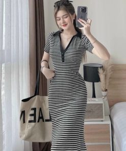 đầm Nữ ôm Body Cổ Polo Tay Ngắn Dáng Dài Chất Thun Gân Sọc Sa70 – Sam Store