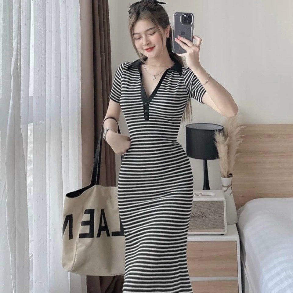 đầm Nữ ôm Body Cổ Polo Tay Ngắn Dáng Dài Chất Thun Gân Sọc Sa70 – Sam Store