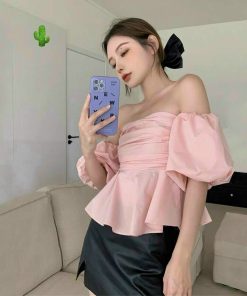 áo Nữ Bẹt Vai Nhúng Tay Phồng Bí Vải Kate – Ausa House