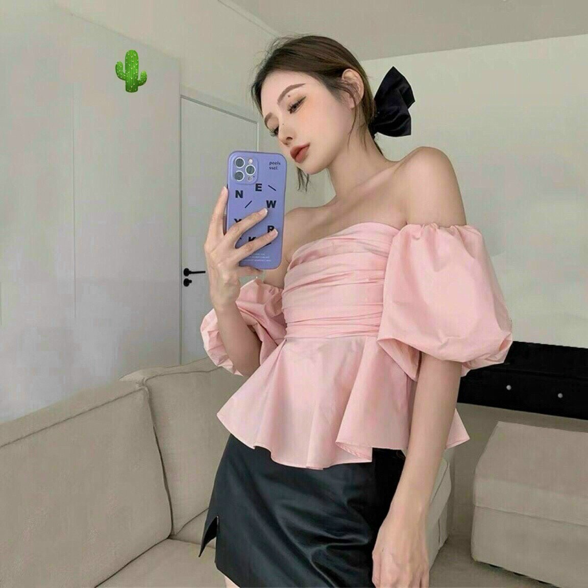 áo Nữ Bẹt Vai Nhúng Tay Phồng Bí Vải Kate – Ausa House