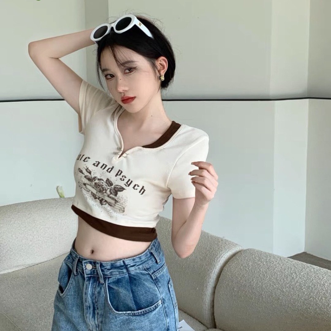 áo Thun Nữ Croptop Cổ Tròn Tay Ngắn Phối Màu – Ausa House