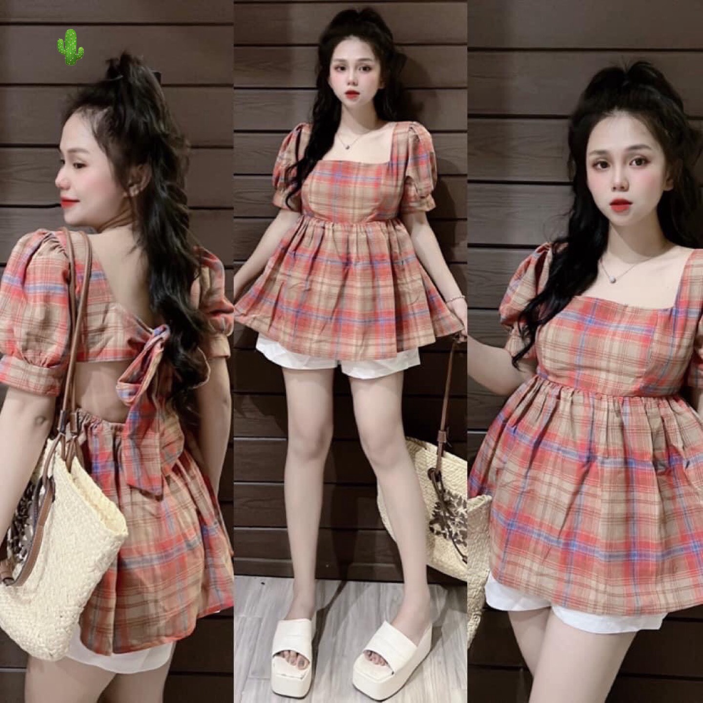 áo Nữ Baby Doll Kẻ Caro Thắt Nơ Sau Lưng – Ausa House