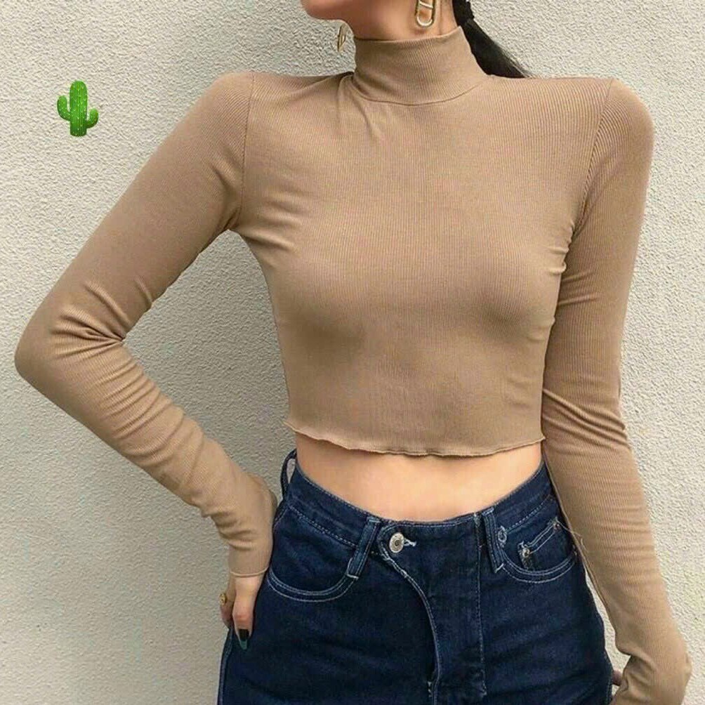 áo Thun Nữ Croptop Cổ Lọ Tay Dài Trơn – Ausa House