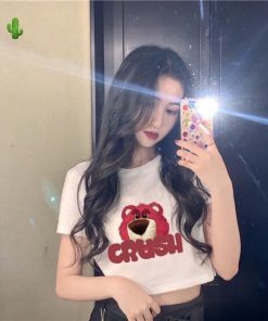 áo Thun Nữ Croptop Cổ Tròn Tay Ngắn Gấu Hồng Crush – Ausa House