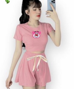 Set đồ Nữ áo Thun Croptop Phối Quần Short Kẻ Sọc Gấu Thêu – Ausa House