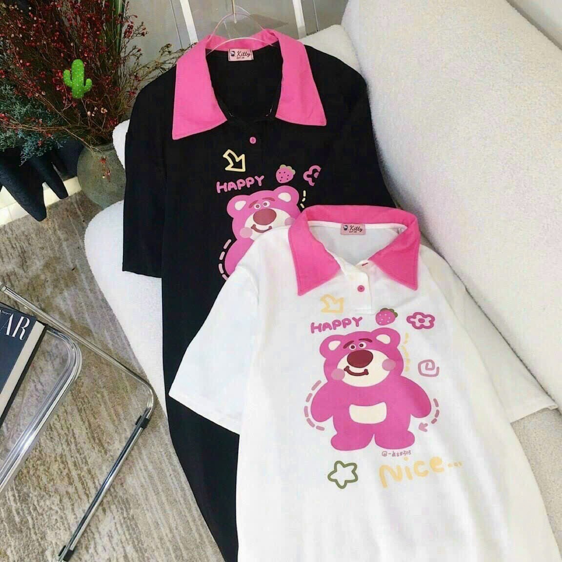 đầm Suông Nữ Cổ Trụ Thun Tici Gấu Hồng Happy – Ausa House