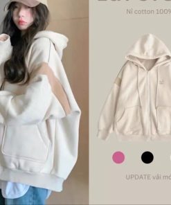 áo Khoác Hoodie Dây Kéo Có Nón Thêu High Phối Sọc Tay Thể Thao Phong Cách Dáng Rộng Hàn Quốc