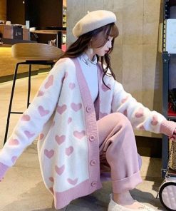 áo Khoác Cardigan Phối Trái Tim Hồng