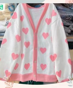 áo Khoác Cardigan Phối Trái Tim Hồng