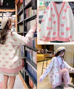 áo Khoác Cardigan Phối Trái Tim Hồng