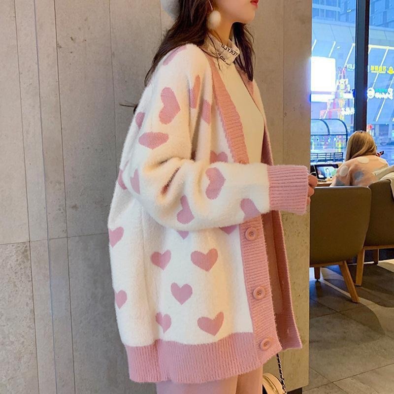 áo Khoác Cardigan Trắng Phối Trái Tim Hồng