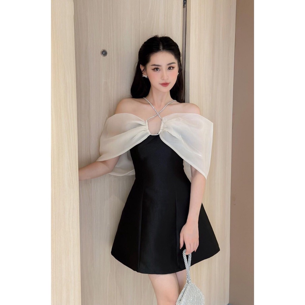 đầm Dự Tiệc Phối Trễ Vai Chéo Cổ Rosa Dress – Vanass