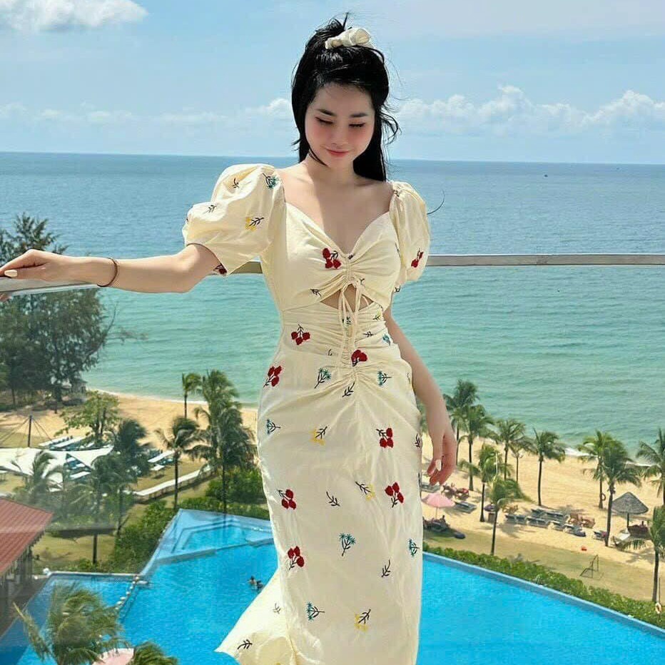 đầm Váy Nữ Lụa Hoa Tay Phồng Rút Dây Ngực Sa123- Sam Store