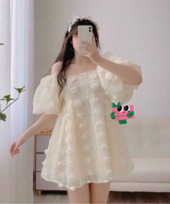 đầm Nữ Hoa Vải Voan 2 Lớp đính Lông Tơ Bẹt Vai – Ausa House