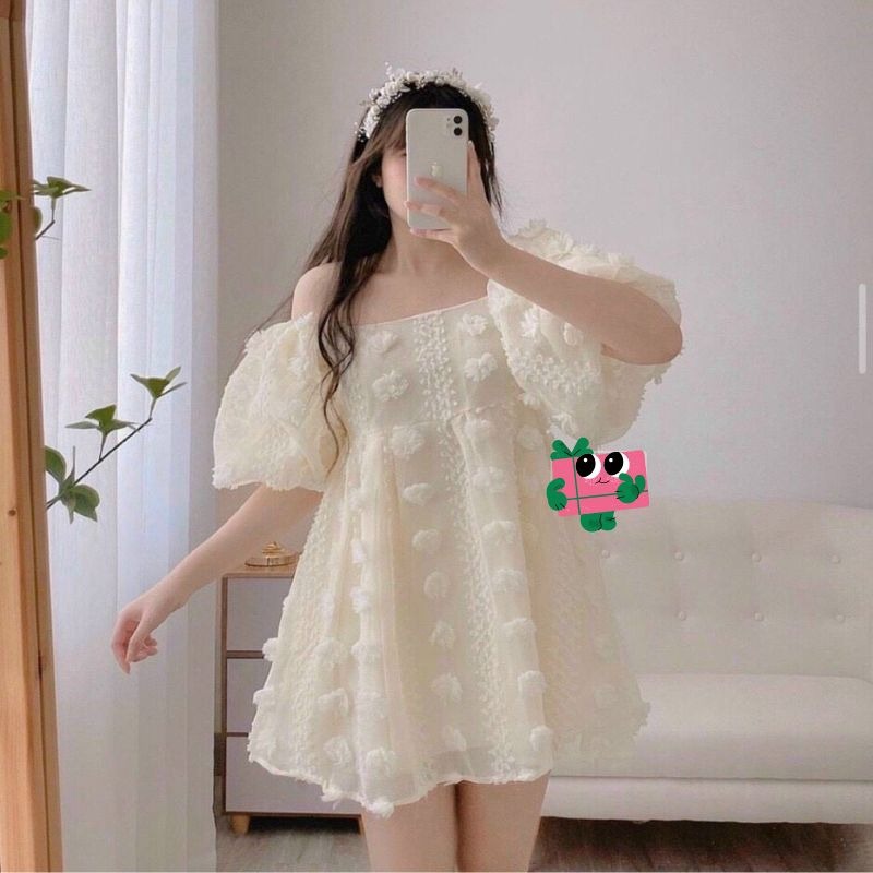 đầm Nữ Hoa Vải Voan 2 Lớp đính Lông Tơ Bẹt Vai – Ausa House