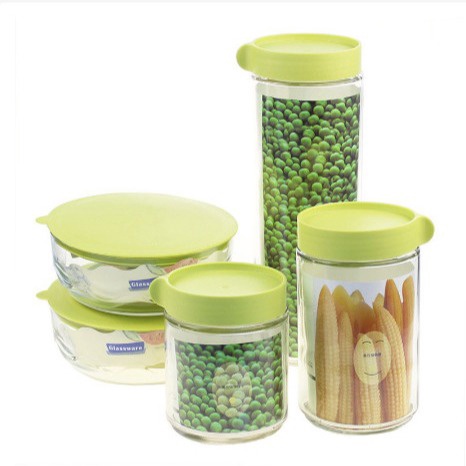Set 5 Hộp Thủy Tinh Hình Tròn, Trụ Nắp Xanh – Gdn