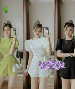 Set đồ Nữ Chất Vải Xốp áo Croptop Tay Phồng Phối Quần Short – Ausa House