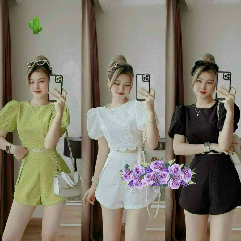 Set đồ Nữ Chất Vải Xốp áo Croptop Tay Phồng Phối Quần Short – Ausa House